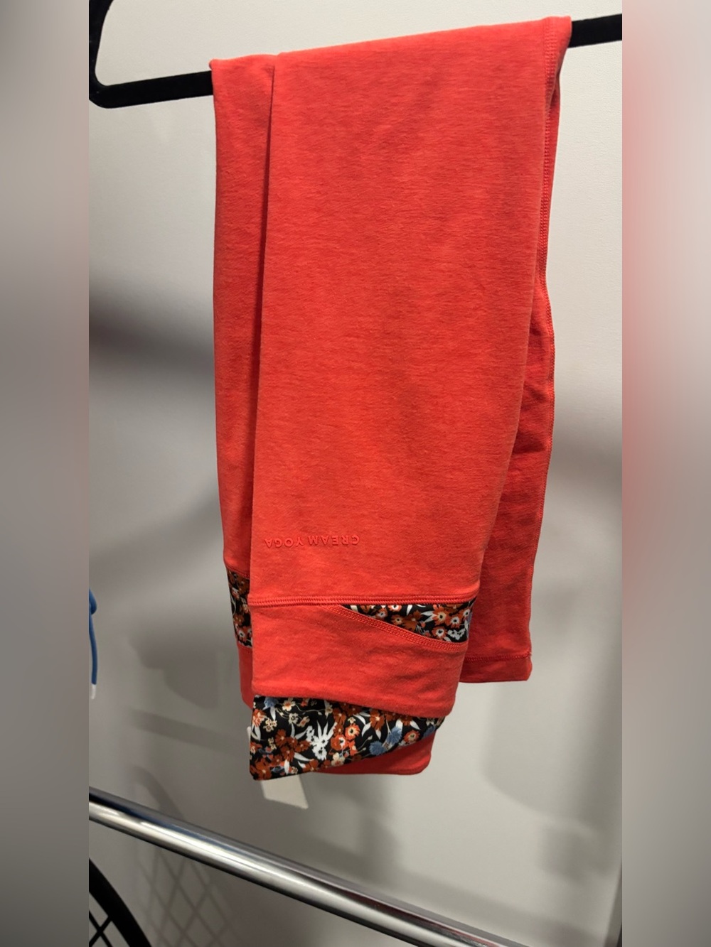 Cream Yoga yoga pants with coral/Red and Floral Trim